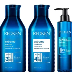 Redken Bundles Trio: Extreme Shampoo 500ml, Extreme Conditioner 500ml & Extreme Play Safe 230 Heat Protection 250ml