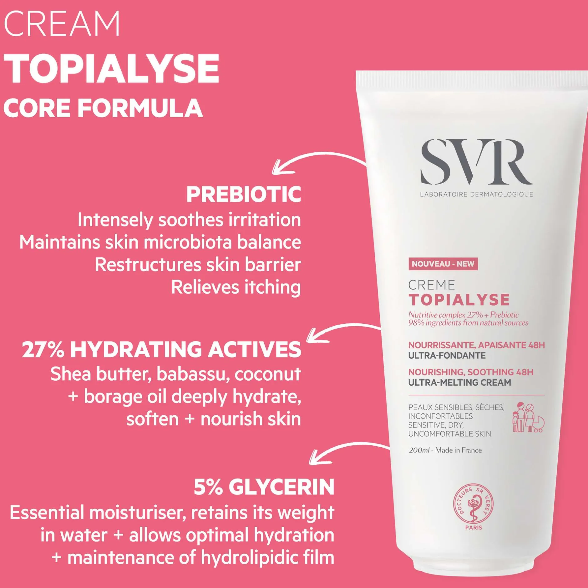 SVR Topialyse 48H Soothing Nourishing Cream for Dry Skin 200ml Hot